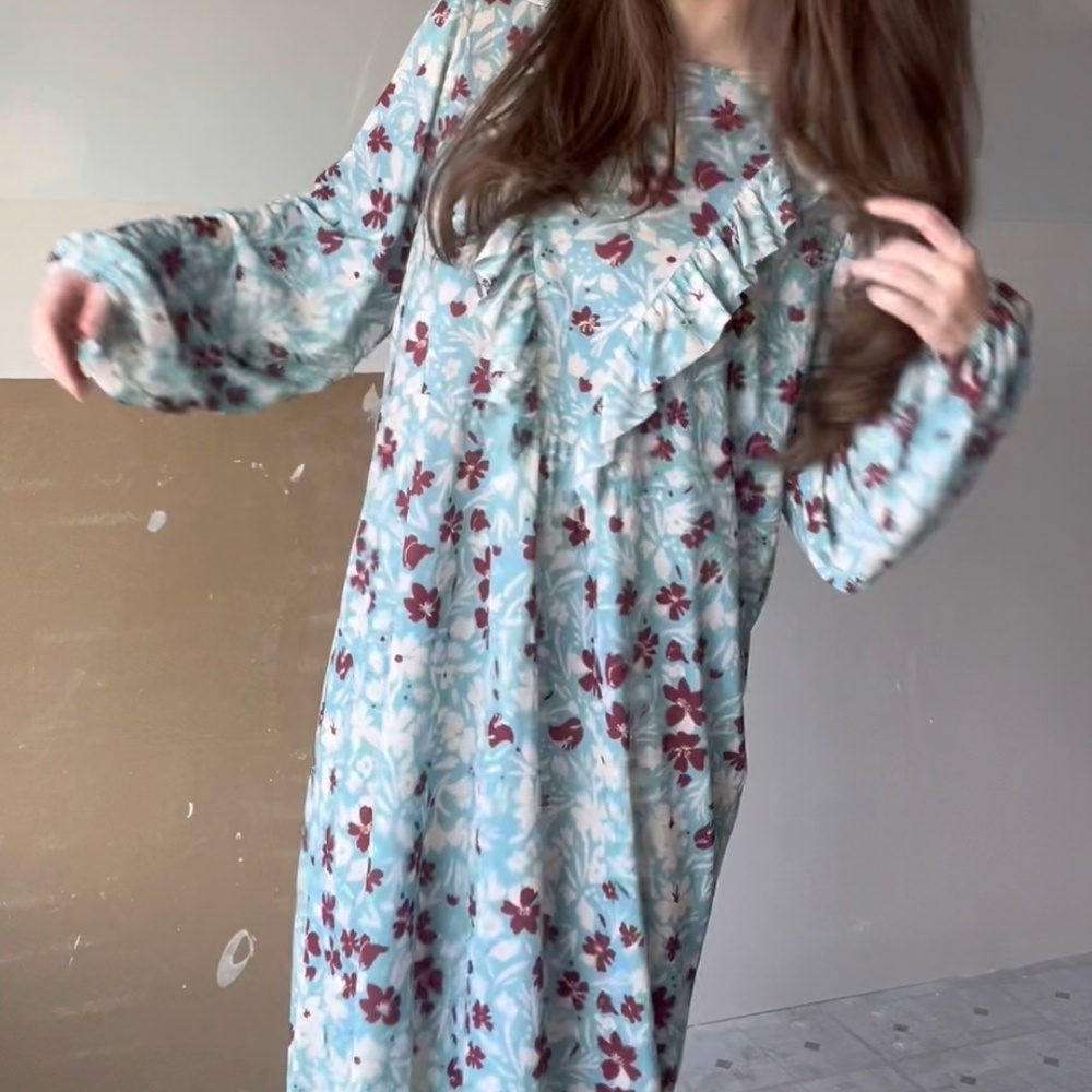 Bohemian Blue Long Sleeve Sheer Maxi Dress, Floral Dress Summer To Fall Transiti